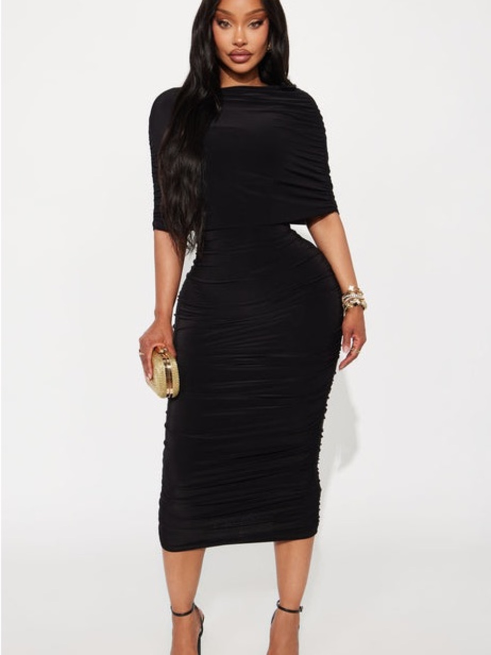 Fashion Nova Black Fold-over Top Ruched Midi Dress - Bodycon Silhouette